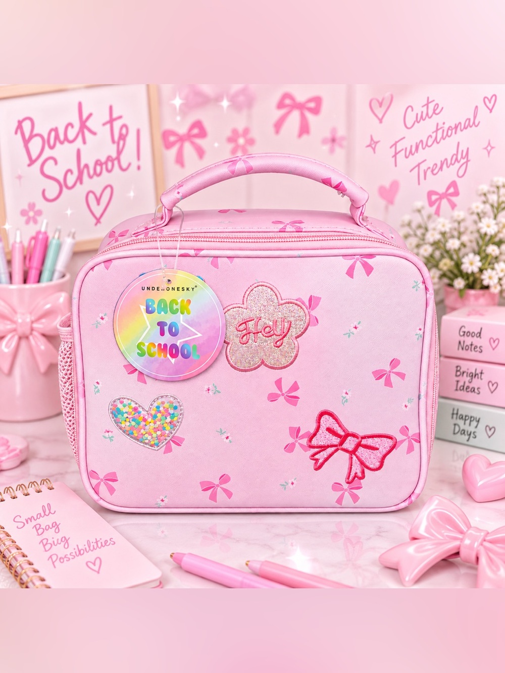Girls Lunch Tote with Pink Bow & Heart Accents